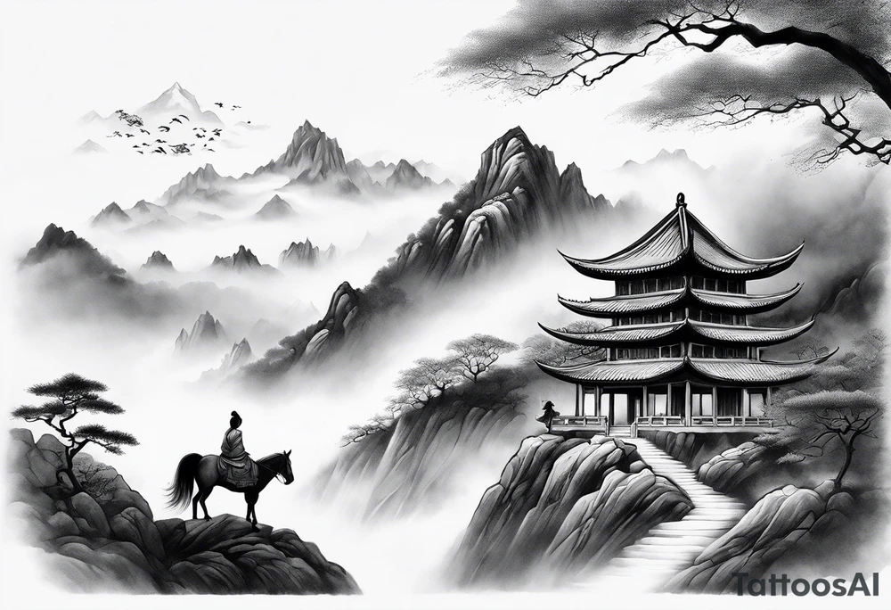 forearm sleeve traditional chinese art painting style autumn mountains mist fog water Chinese temple female with pony tail wearing robes meditating in the distance tattoo idea