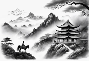 forearm sleeve traditional chinese art painting style autumn mountains mist fog water Chinese temple female with pony tail wearing robes meditating in the distance tattoo idea