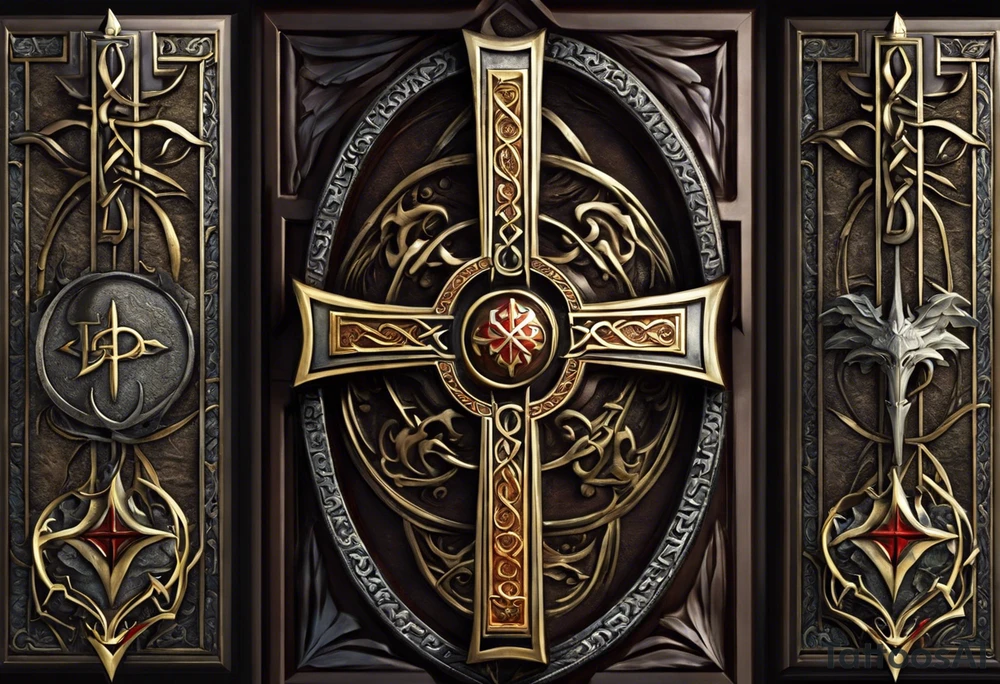 1. The Christian cross with a sharp lower end embedded into the ground represents strength and stability.
2. Roots growing from the cross symbolize growth, resilience, and connection to one's beliefs.
3. The dragon wings on either side add a sense of mysticism and power, suggesting protection and guidance.
4. The eyeball in the middle of the cross could symbolize vigilance, spiritual insight, or the all-seeing eye of God. tattoo idea