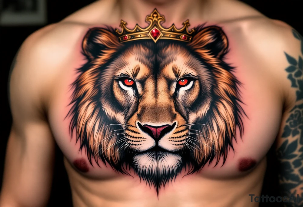 A hyper-realistic Czech lion’s face with piercing red eyes, fur detailed with soft shading, and a golden crown with ruby accents. tattoo idea