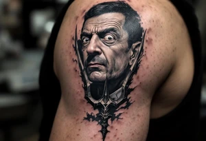 close-up mr bean behind a trident tattoo idea