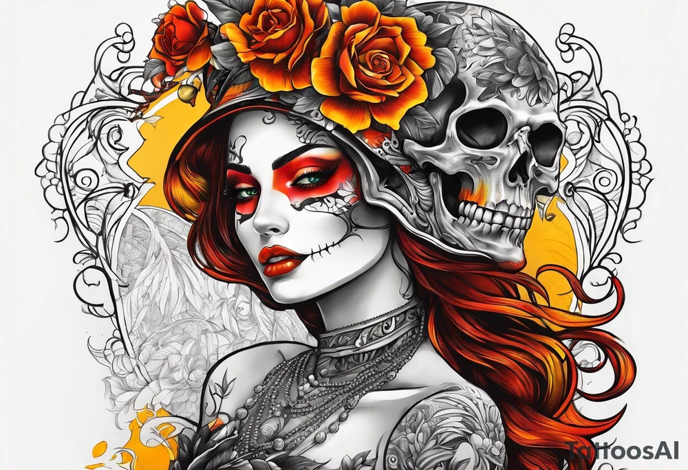 Orange, red, yellow primary colors.  Woman with skeleton head piece tattoo idea