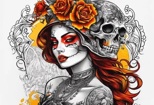 Orange, red, yellow primary colors.  Woman with skeleton head piece tattoo idea