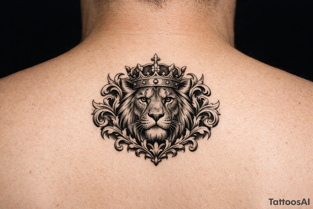powerful majestic lion with a crown, framed by ornate floral scrollwork tattoo idea