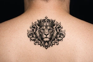 powerful majestic lion with a crown, framed by ornate floral scrollwork tattoo idea
