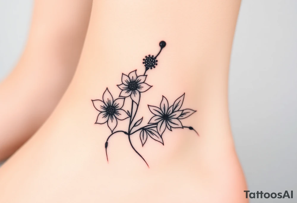 Hexagon Leo larkspur and water lilies tattoo idea
