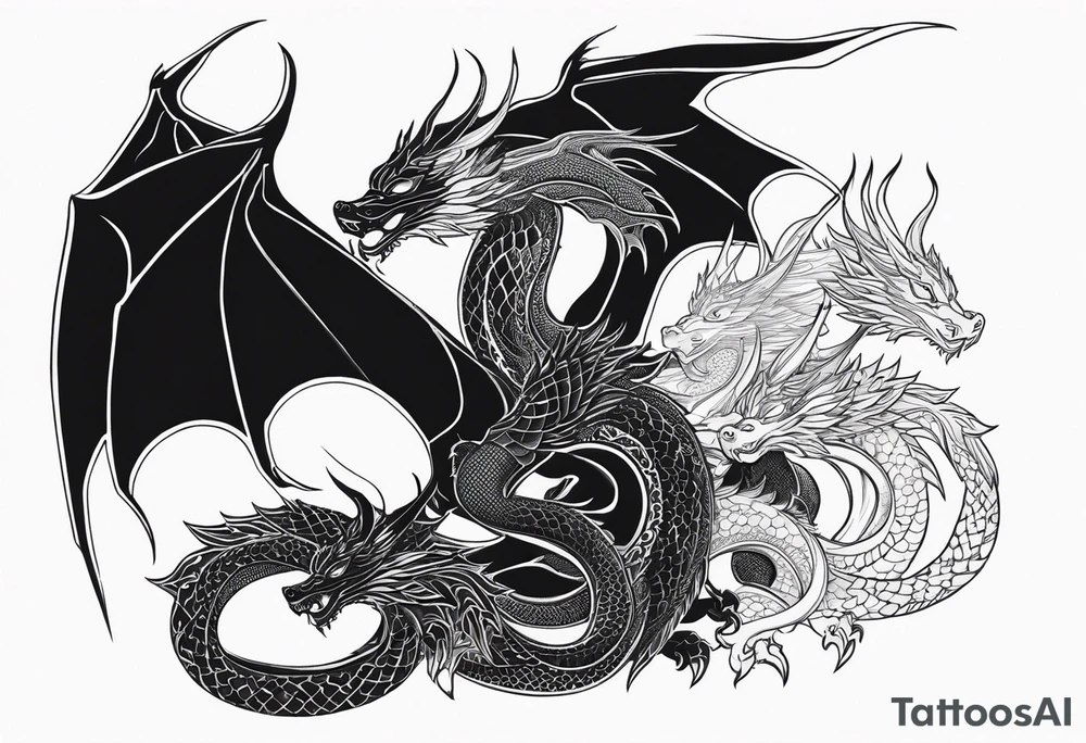 Mother dragon protecting 3 young dragons wings spread tattoo idea