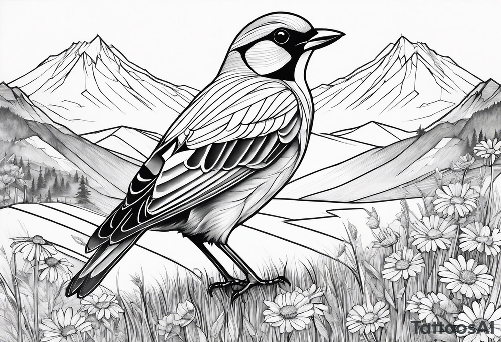 Geometric Black and white bird outline sitting in grass and daisys with mountains in the background tattoo idea
