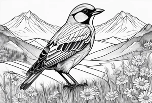 Geometric Black and white bird outline sitting in grass and daisys with mountains in the background tattoo idea