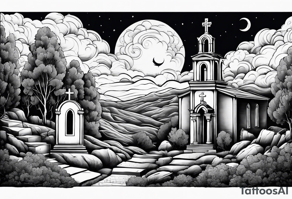 Graveyard with moon and greek church on hills with clouds tattoo idea