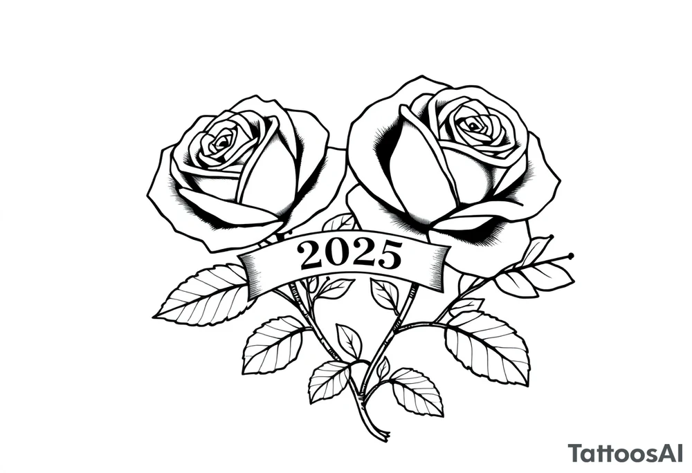 two beautiful large rose buds, one larger than the other, with many leaves next to the rose buds, with one sitting higher than the other. Include a banner connecting the two roses with the year "2025" on it.   Use dark outlines with little shading. The two stems should be short, not long, and connect and join into one stem, whimsically curved or twisted - not straight down. tattoo idea