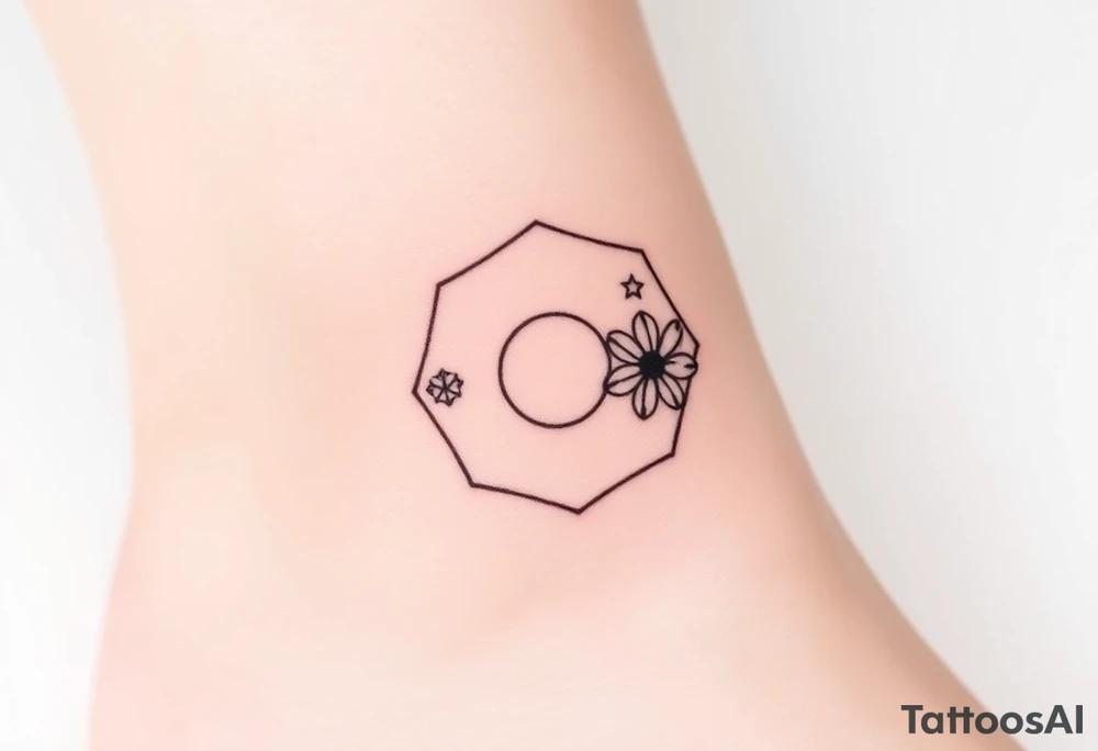 Faint Hexagon with astrological sign for Leo, larkspur and water lilies in the center tattoo idea