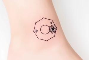 Faint Hexagon with astrological sign for Leo, larkspur and water lilies in the center tattoo idea