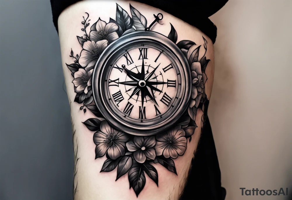 black and grey composition of three elements, 1), combination old school pocket watch and nautical compass, 2) a tree of life and 3) a doctor bird, connected together by lignum vitae flowers, on the arm 3/4 sleeve tattoo idea