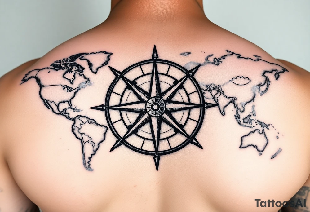 antique compass rose overlaid on weathered world map with sailing ships tattoo idea