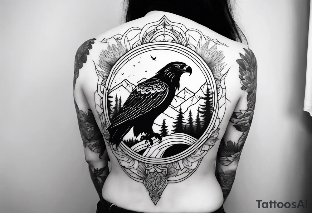 Full back tattoo ancient pine Forrest and giant black eagle tattoo idea Full back tattoo ancient pine Forrest and giant black eagle tattoo idea