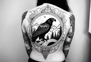 Full back tattoo ancient pine Forrest and giant black eagle tattoo idea