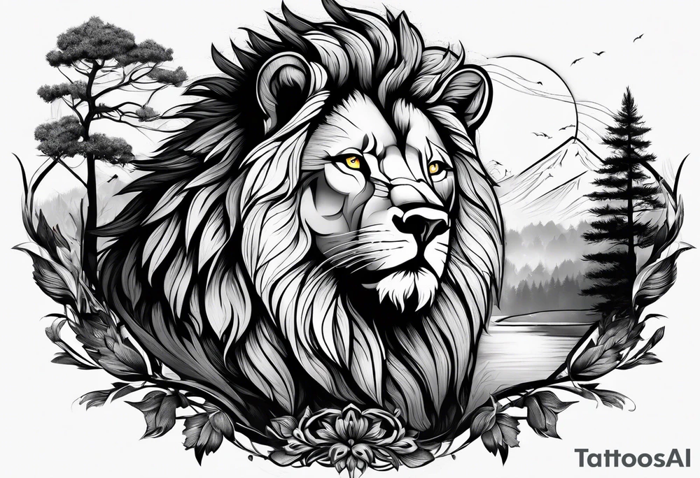 lion and a wolf combined whit a forest tattoo idea