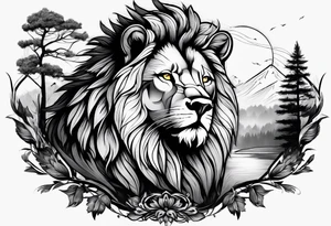 lion and a wolf combined whit a forest tattoo idea