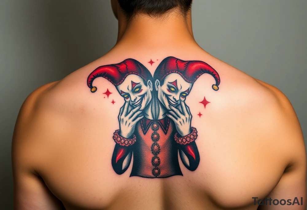 a toxic jester coupple standing behind each other holding cheeks up to smile tattoo idea