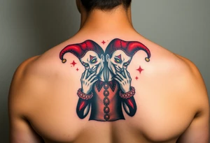 a toxic jester coupple standing behind each other holding cheeks up to smile tattoo idea