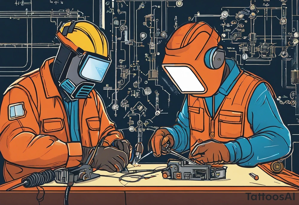Two 60-year-old characters working together on creating a mechanism made of iron and electronic circuits. The first character is a welder, dressed in a welding suit and mask. The second character is a fitter, wearing a shirt with sleeves rolled up to the forearms and a tool belt. The mechanism they are working on should be in the center of the drawing, with the characters positioned on either side of the mechanism. The sketch should convey a sense of teamwork and craftsmanship tattoo idea