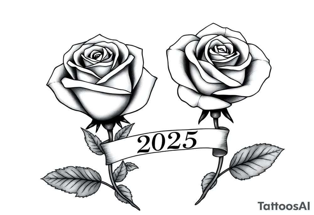 two beautiful large rose buds, one larger than the other, with many leaves next to the rose buds, with one sitting higher than the other. Include a banner connecting the two roses with the year "2025" on it.   Use dark outlines with little shading. The two stems should be short, not long, and connect and join into one stem, whimsically curved or twisted - not straight down. tattoo idea