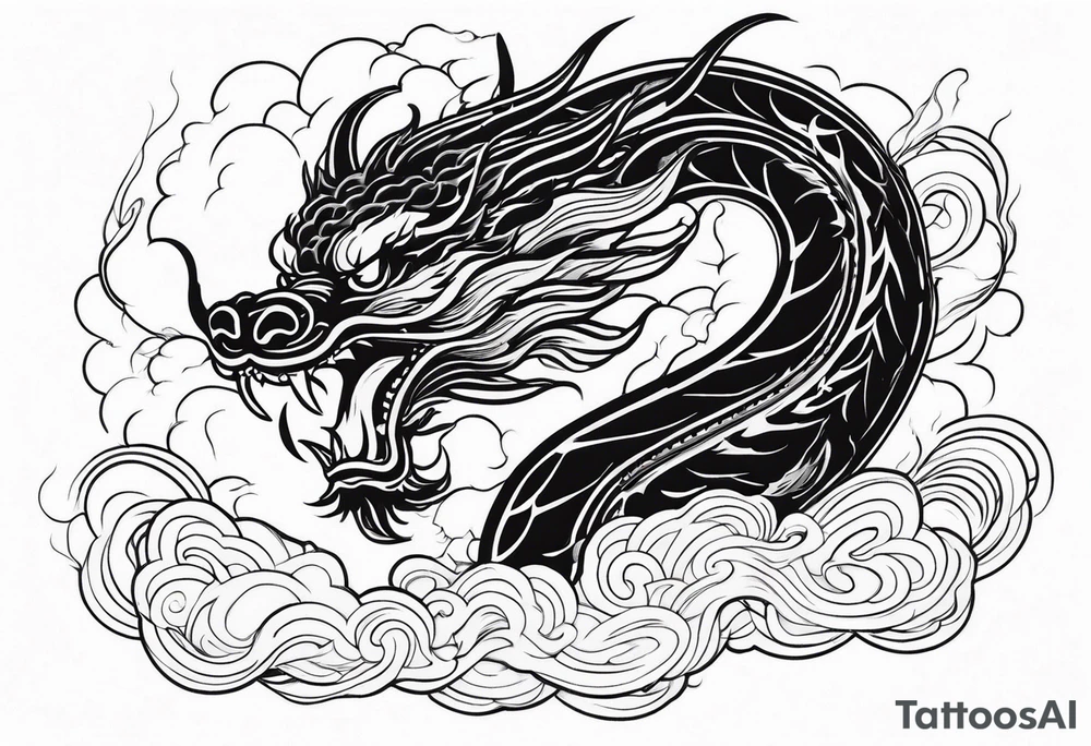 chinese dragon blowing fire while flying through a thunderstorm tattoo idea