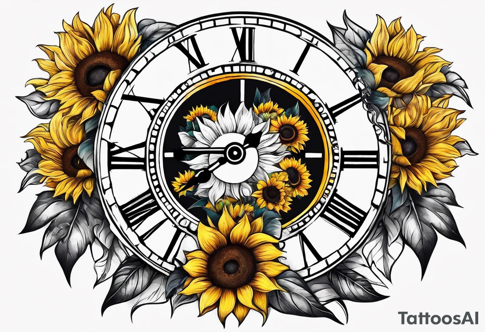 Arm sleeve Foral sunflower and roman numeral tattoo idea