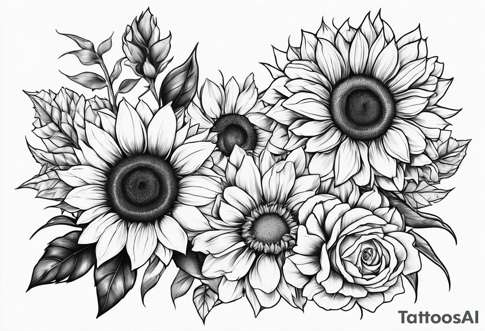 Sunflower,spray rose,carnations tattoo idea