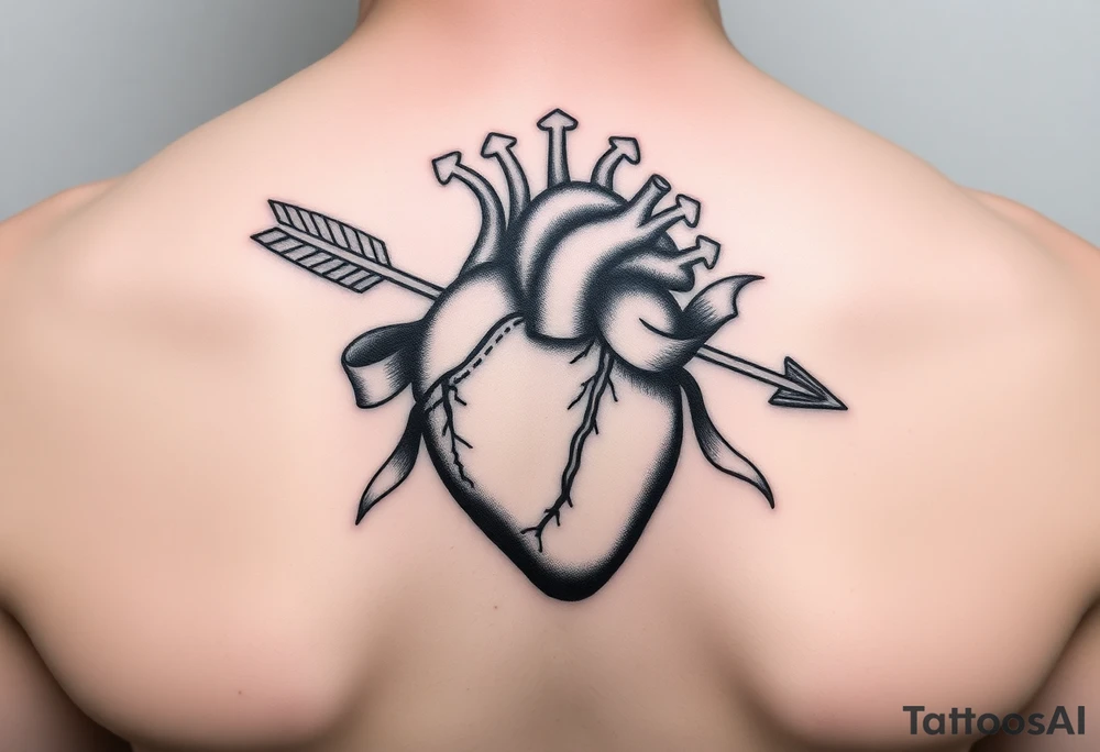 anatomical heart pierced by ornate arrow with flowing ribbons tattoo idea