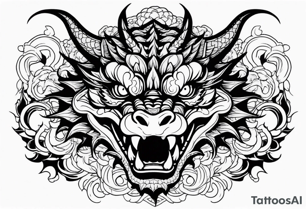 Dragon head facing front, tattoo should look old school Japanese way, dragon mouth should not be open. tattoo idea