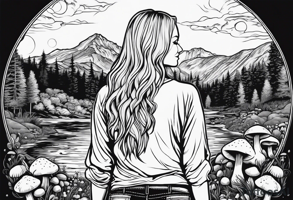 Whole picture encircled fully

Straight long blonde hair hippie girl in distance holding mushrooms in hand facing away toward mountains and creek surrounded by mushrooms long sleeve shirt and hiking pants; whole rendering within a full circle, no cut off circle tattoo idea