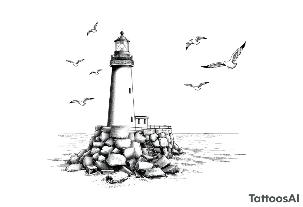 Lighthouse in the sea with jetty around flying seagulls tattoo idea