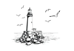 Lighthouse in the sea with jetty around flying seagulls tattoo idea