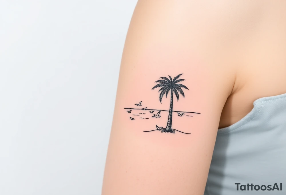 happy, peaceful, serene, timeless, ocean, sand, palm tree, seagulls, sun, subtle, masculine tattoo idea