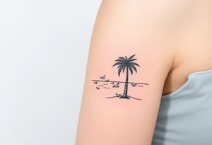 happy, peaceful, serene, timeless, ocean, sand, palm tree, seagulls, sun, subtle, masculine tattoo idea