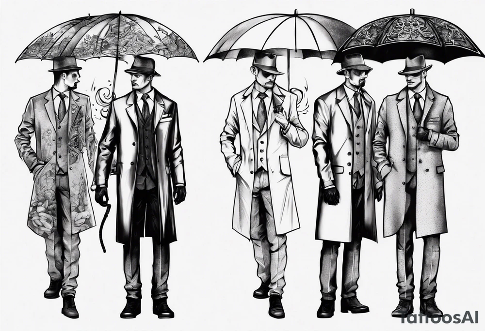 A man wearing a suit and an overcoat holding an umbrella tattoo idea