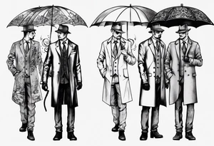 A man wearing a suit and an overcoat holding an umbrella tattoo idea
