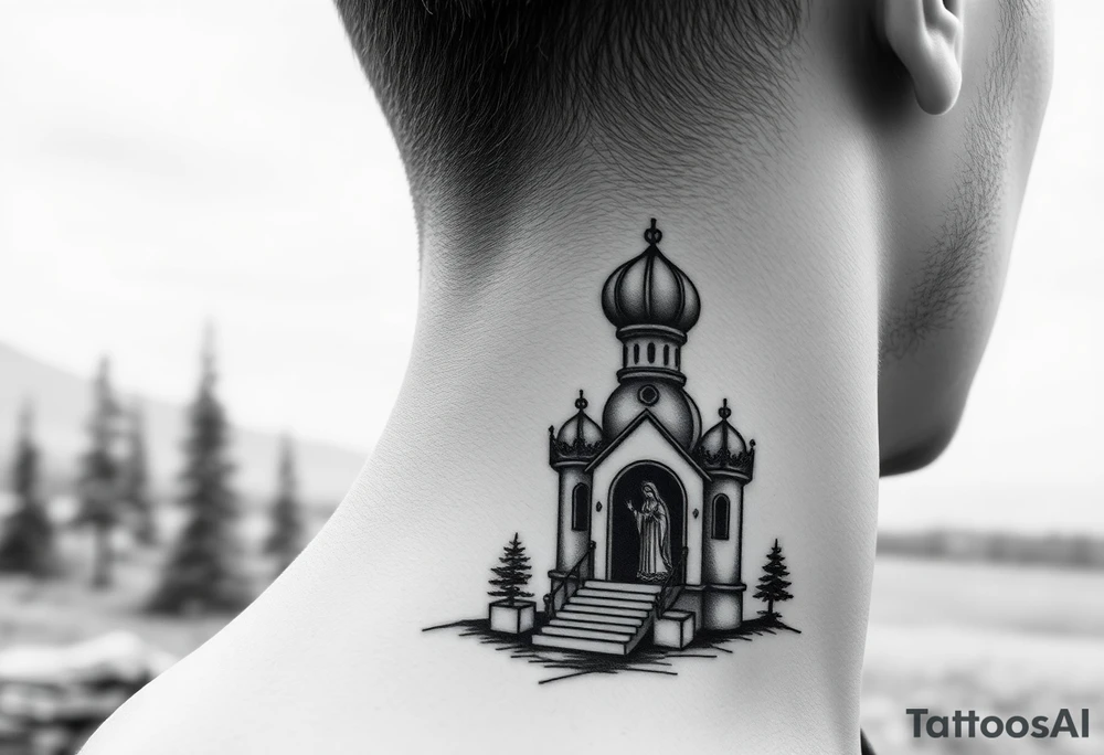 russian design  traditional christian orthodox cross with a virgin mary stood beside the entrance of a russian orthodox dome church on the side of the neck in a wilderness setting tattoo idea