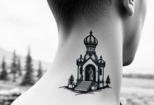 russian design  traditional christian orthodox cross with a virgin mary stood beside the entrance of a russian orthodox dome church on the side of the neck in a wilderness setting tattoo idea