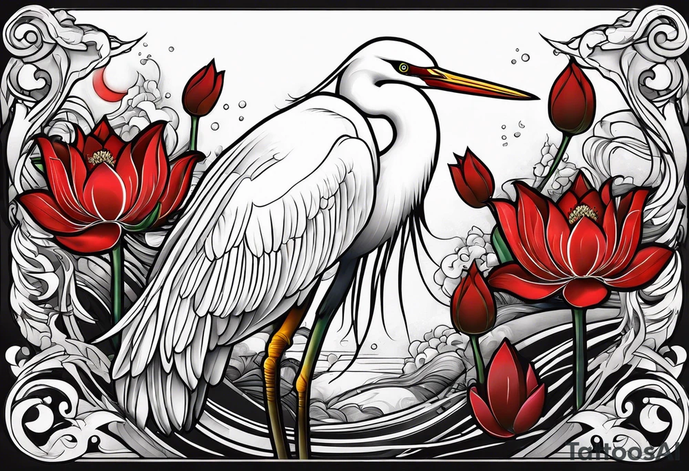Egret and red lotuses tattoo idea