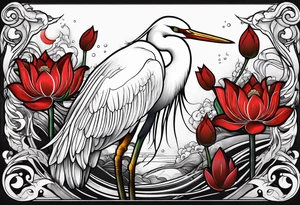 Egret and red lotuses tattoo idea