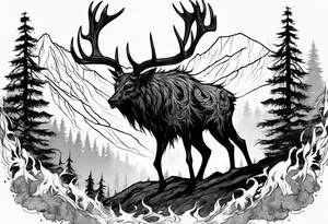 A TERRIFYING decaying lore accurate wendigo surrounded by a forest fire in background tattoo idea