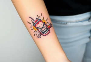 angry stick of dynamite with a mean face and muscles exploding tattoo idea