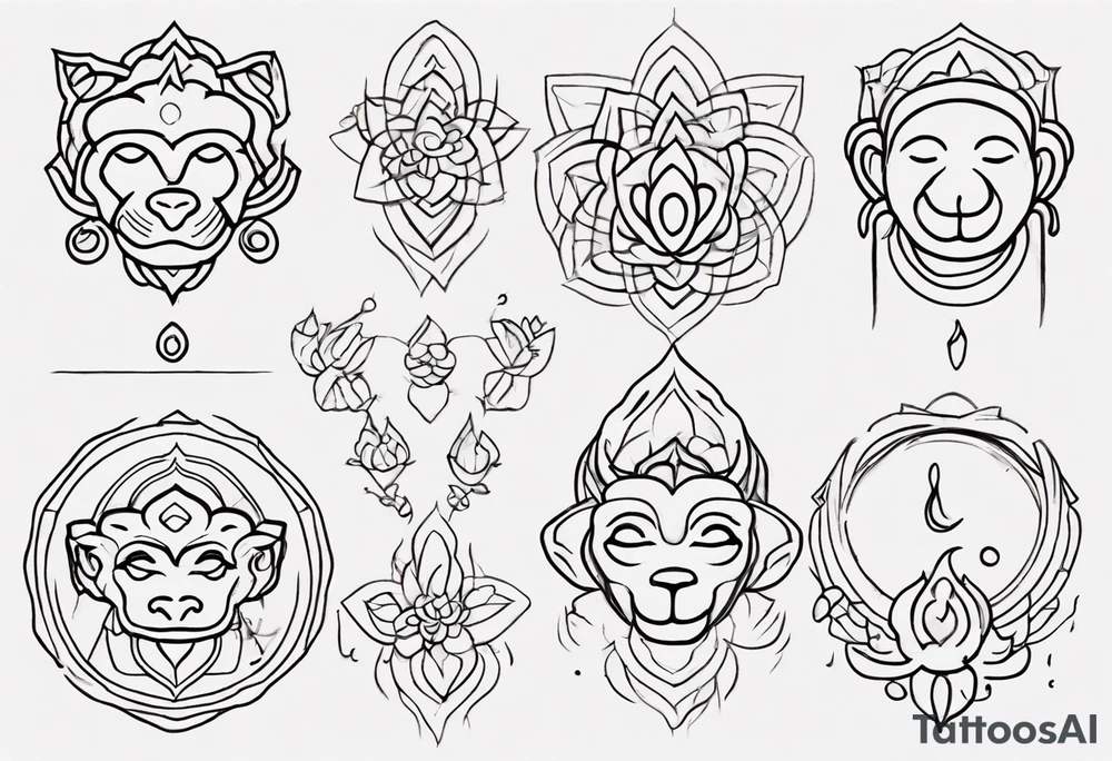 Creat a feminine line art tattoo. Single line. Images include monkey icon, pie icon, the Thai symbol for ten, and the breathe yoga symbol. Put icons in a long single line and keep them separate. Connect with dots and dashes. tattoo idea
