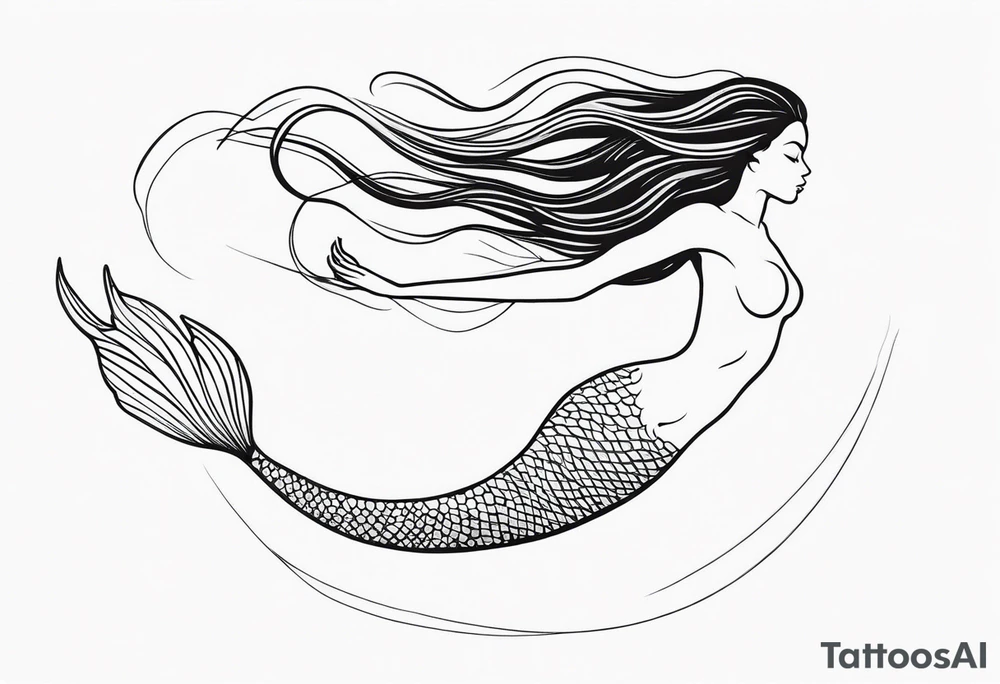 mermaid, long hair, diving like a dolphin face in profile, one-line, tail in bottom left corner, right top right corner tattoo idea