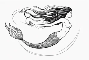 mermaid, long hair, diving like a dolphin face in profile, one-line, tail in bottom left corner, right top right corner tattoo idea