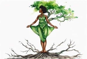 a tree trunk with roots that is a black woman from the waist up, feet made of tree roots, wearing a green tunic, arms stretched upwards towards the noon sun tattoo idea