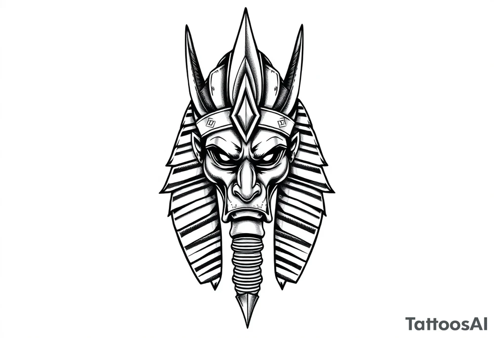 powerful majestic square muscle anubis Egyptian god face mix with joker
without eyes with mantle on head tattoo idea